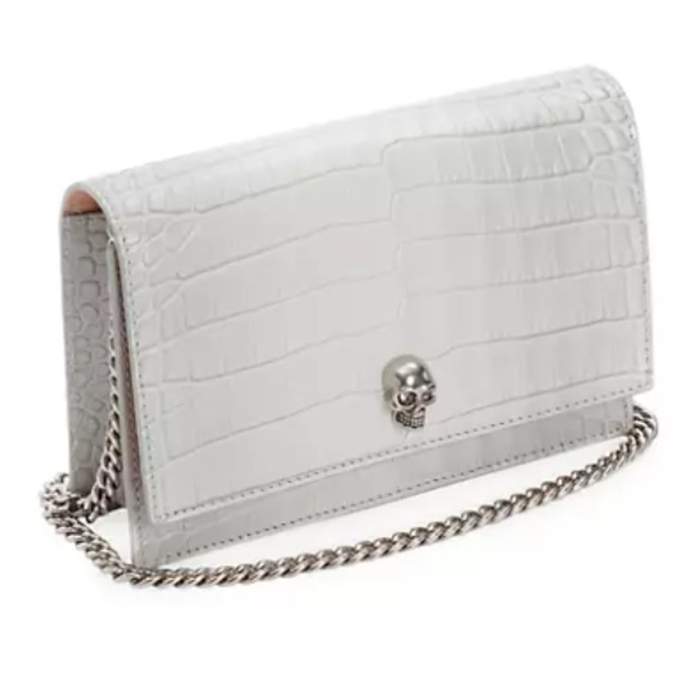 Alexander McQueen Skull Croc-Embossed Leather Chain Crossbody Light Gray - Picture 2 of 12